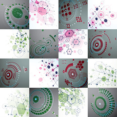Set of 3d vector abstract backgrounds created in Bauhaus retro style. Geometric composition can be used as templates and layouts. Engineering technology wallpapers made with circles and honeycombs.