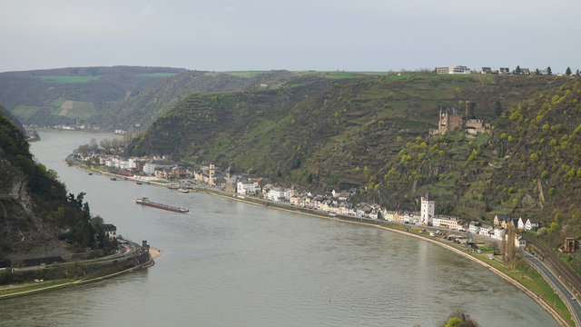 View from the Loreleyfelsen down to the village and Rhine river in Lorelei, Germany.