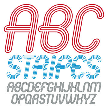 Set of trendy modern vector capital alphabet letters isolated. Disco cursive rounded font for use as business poster design elements. Created using geometric triple stripes