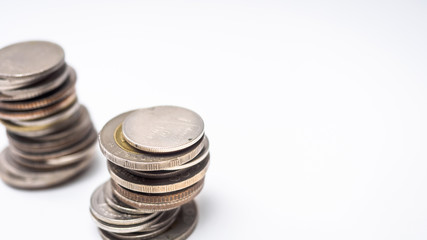 Coin thai bath stacking up selective focus on white background