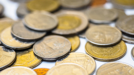 Close up group coin thai bath on white background