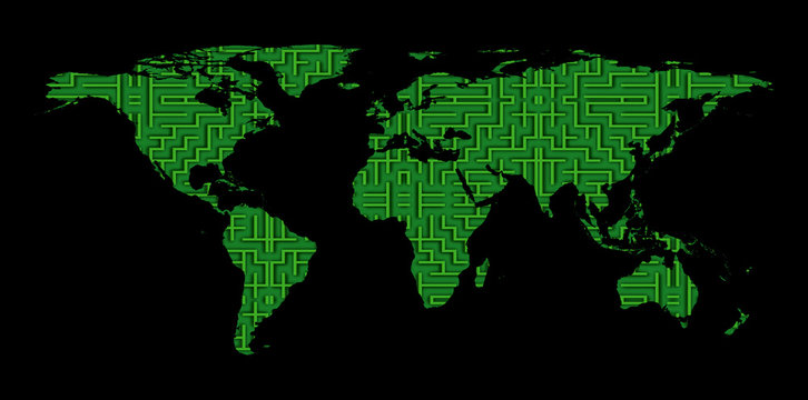 Conceptual labyrinth image of close up green maze world map