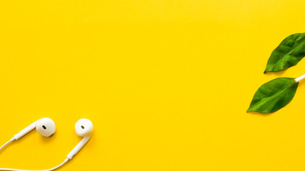 Earphone  with leaves on yellow background close up business concept