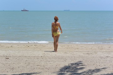 beach, sea, beautiful, girl, swimming suit, sand, melaka, malaysia