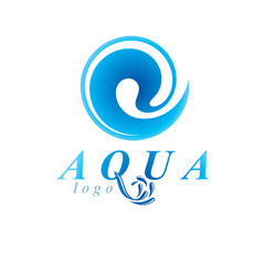 Obraz premium Pure aqua ecology vector logo. Human water reserves theme. Living in harmony with nature concept.