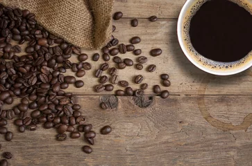 Türaufkleber Kaffeebohnen mit Kaffeetasse und Kaffeemühle auf Holzbrett © Stockwerk-Fotodesign