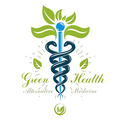 Caduceus vector conceptual emblem created with snakes and green leaves. Wellness and harmony metaphor. Alternative medicine concept, phytotherapy logo.
