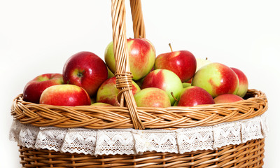 red white green apple purse basket background wood table wicker wattled braided lace