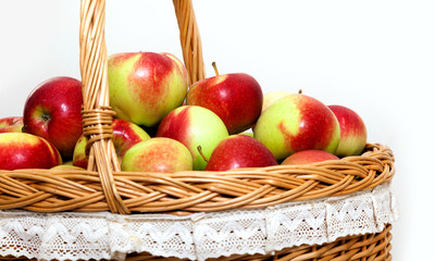 red white green apple purse basket background wood table wicker wattled braided lace
