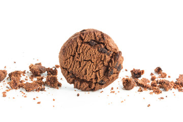 homemade chocolate chips dark cookies on white background