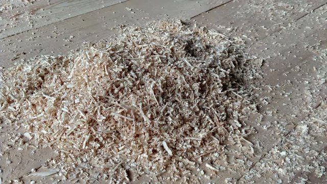 Wood chips on board craft process carpenter in dark summer day