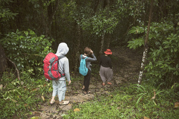 Group of Trekking in rainforest jungle. adventure and explorer concept.