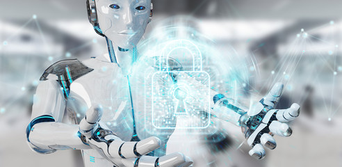 White woman robot securing digital datas 3D rendering