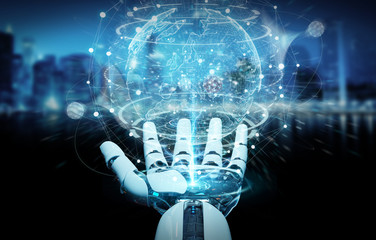 White cyborg hand using planet Earth interface 3D rendering