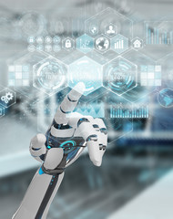 White cyborg hand using digital datas interface 3D rendering