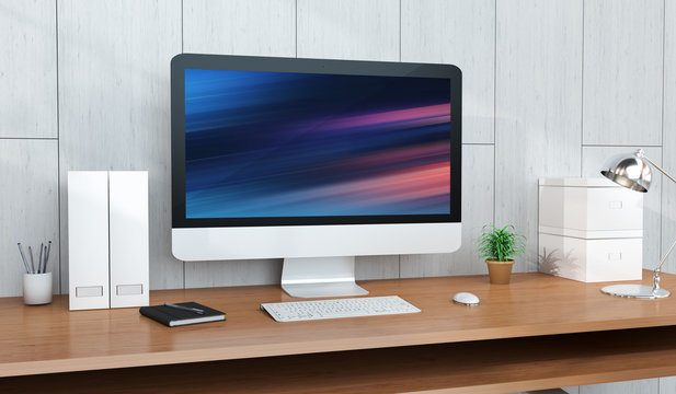 Computer and devices on modern wooden desk interior 3D rendering
