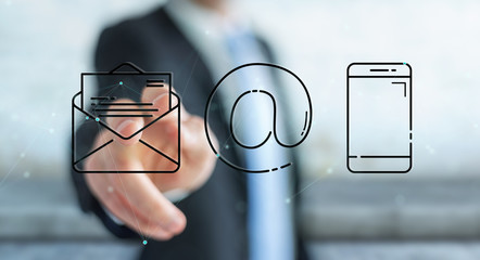 Businessman using thin line contact icon