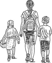 A mother and her children go on a stroll
