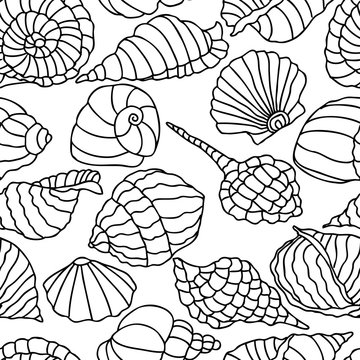 Seamless background of various seashells