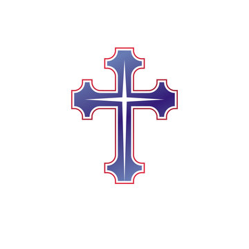 Cross of Christianity graphic emblem. Heraldic vector design element. Retro style label, heraldry logo, religious insignia.