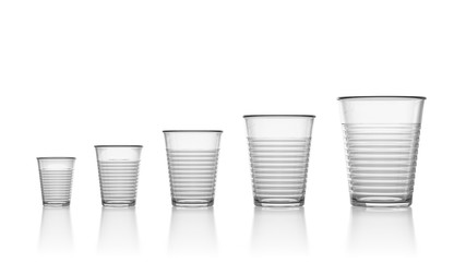 Increasing Size, Empty, Transparent Plastic Cups on White