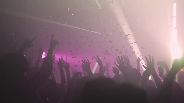 A crowd of people dancing at a music festival. A party in the big hall