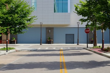 The end of the road at the intersection and the building.