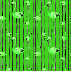 Hand Drawn Illlustration With Flamingo and Stripes. Exotic Summer Beach Motif. Swimwear Design, Wrapping, Background, Wallpaper, Fabric. Hawaiian Print. Jungle Birds Repeated Ornament. Africa.