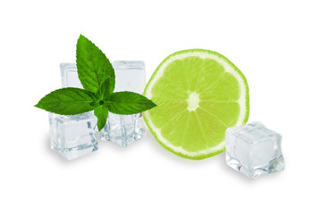  ice cubes with a sprig of mint and half lime
