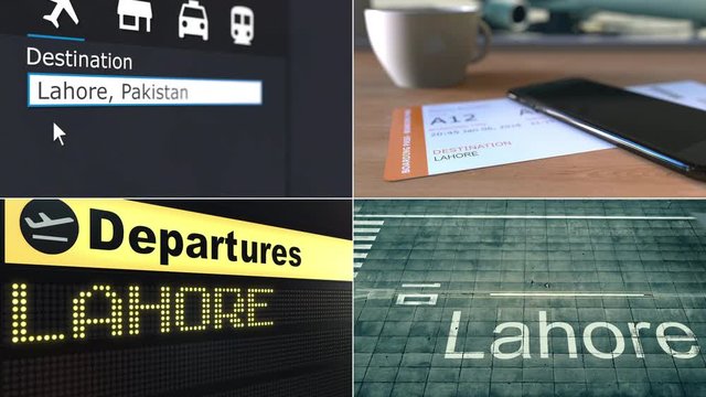 Flight to Lahore. Traveling to Pakistan conceptual montage animation