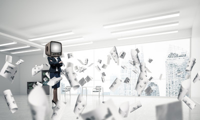 Business woman with an old TV instead of head.
