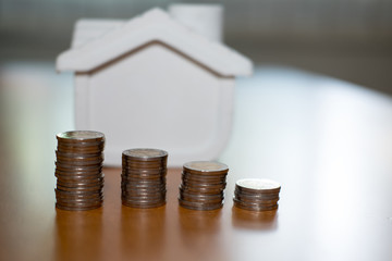 coin stack & house model. plan for property purchase. mortgage loan, real estate investment concept