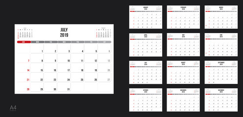 Template design of calendar planner for 2019 year with corporate style.