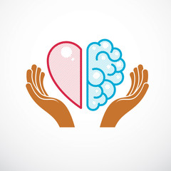 Heart and Brain concept, conflict between emotions and rational thinking, teamwork and balance between soul and intelligence. Vector logo or icon design.