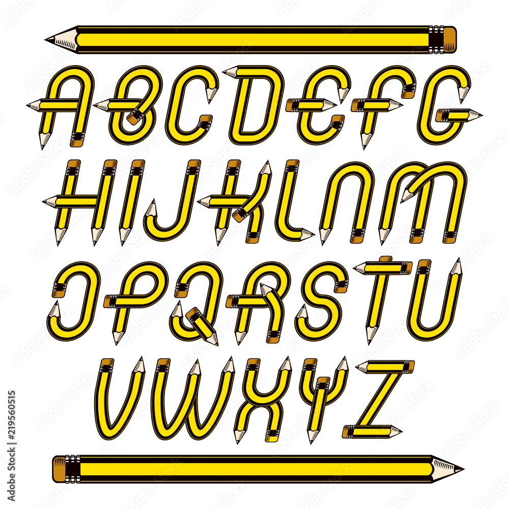 Fototapete vector script, trendy alphabet letters set created with pencils, education idea for use in reporting