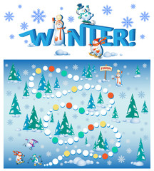 Competition snowmen in the winter forest. Who came to the finish line? The design of the educational game with the inscription WINTER. Snowmen in the style of cartoon characters.