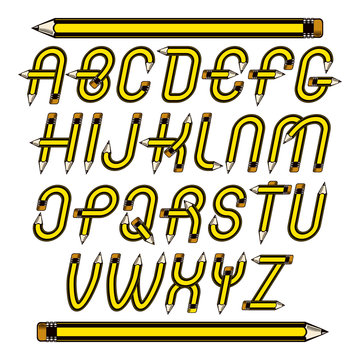Vector script, trendy alphabet letters set created with pencils, education idea for use in reporting and journalism.
