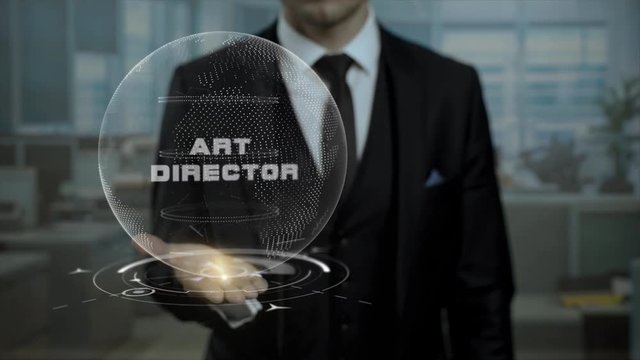 Profession tutor presenting Art Director concept with hologram on his hand. Executive career specialist looking for workers using cyber Earth hologram. HR.