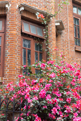 Fototapeta na wymiar Flowers and a Building with Red Bricks