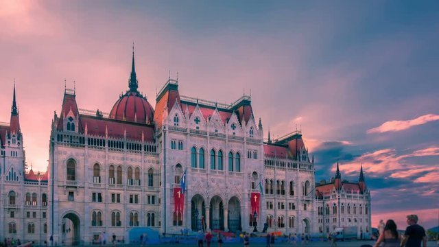 Parliament of Budapest at sunset. Time lapse