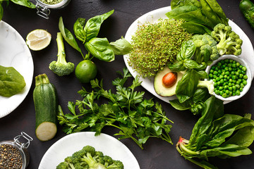 green vegetables groats  cooking vegetarian healthy food top view