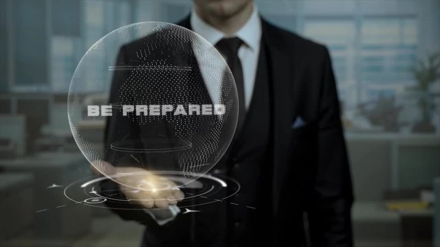Management tutor presents idea Be Prepared using hologram. Businessman in suit holds animated virtual Earth on his hand, when talks about his profession.