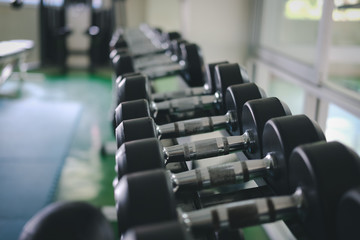 .Row of dumbbells in gym. Black dumbbell set in sport fitness center.