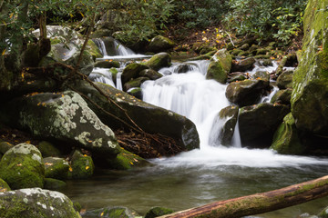 Falls between green mossy rocks in the Great Smoky Mountains, horizontal aspect