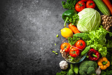 Various fresh vegetables organic food for healthy on rustic background with copy space for your text.