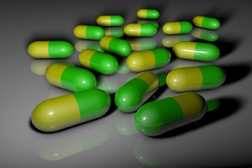 Medicinal capsule pills. Pharmacy drugstore. Antibiotic capsules. Vitamin and mineral complex. Pharmaceutical industry concept. 3d illustration