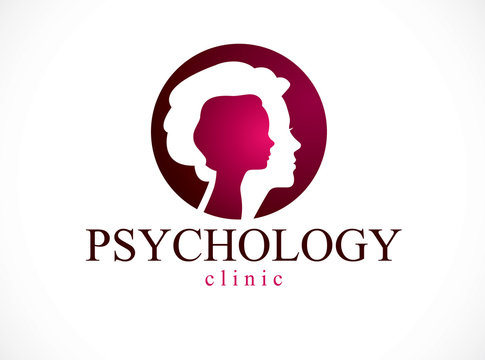 Psychology vector logo created with woman head profile and little child girl inside, inner child concept, origin of human individuality and psychic problems. Psychotherapy and psychoanalysis concept.