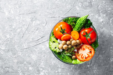 Various fresh vegetables organic food for healthy on white rustic background with copy space for your text.