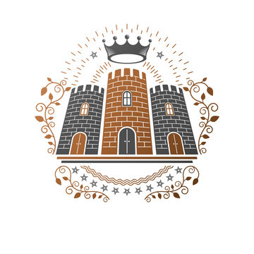 Ancient Citadel emblem. Heraldic vector design element. Retro style label, heraldry logo. Antique logotype on isolated white background.
