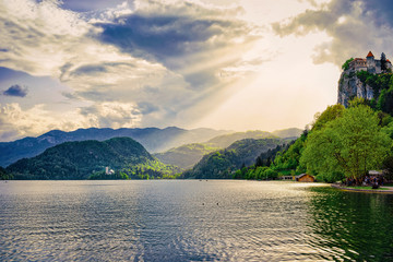 Beautiful scenery with Castle and Church on Bled Lake Slovenia